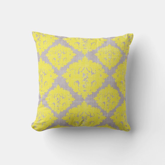 Retro Trendy Yellow & Grey Damask Pattern Pillow (Front)