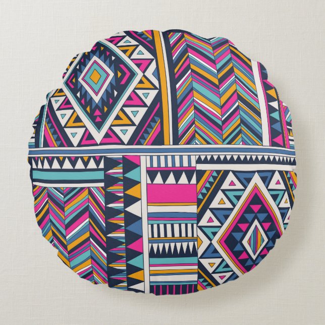 Retro tribal, vintage geometric pattern. round pillow (Front)