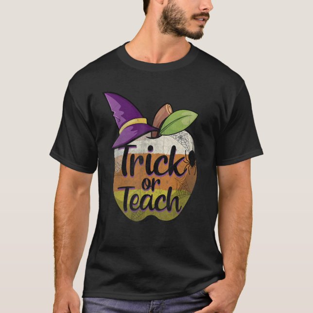 Retro Trick Or Teach Apple Teacher Halloween Witch T-Shirt (Front)