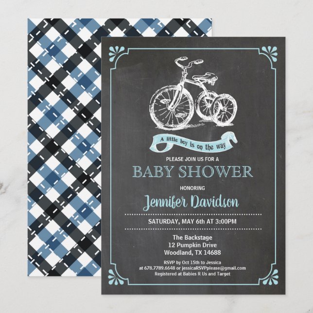 Retro trike invitation bébé garçon douche. Un garç (Devant / Derrière)