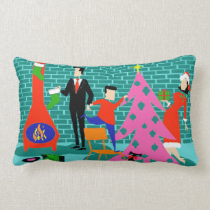 Retro Trimming the Christmas Tree Lumbar Pillow