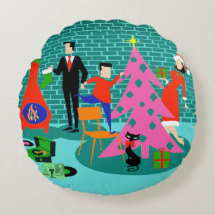 Retro Trimming the Christmas Tree Round Pillow