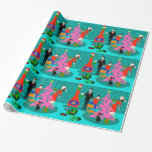 Retro Trimming the Christmas Tree Wrapping Paper<br><div class="desc">This Retro Family Trimming the Christmas Tree Wrapping Paper contains every holiday tradition but the fruitcake. A 1960's cartoon family is at home in their mid century modern living room. There is a turquoise and teal brick wall and a red, cone fireplace with a roaring fire. Dad is wearing a...</div>