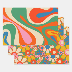 Retro Trippy Colorful Flowers and Swirls Wrapping Paper Sheet