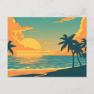 Retro Tropical Beach Sunset Postcard