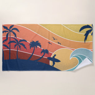 Retro Tropical Beach Surfing Surfer Palm Trees Towel