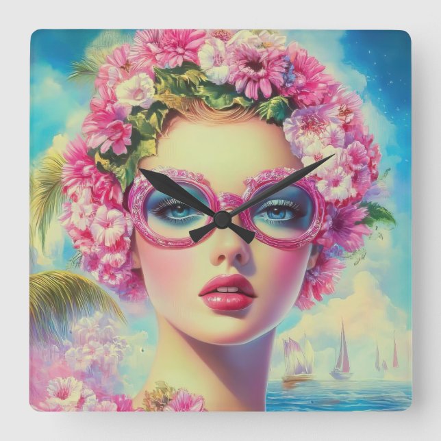 Retro Tropical Beauty  Square Wall Clock (Front)