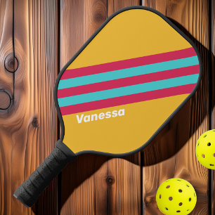 Retro Tropical Breeze Stripes with Name Pickleball Paddle