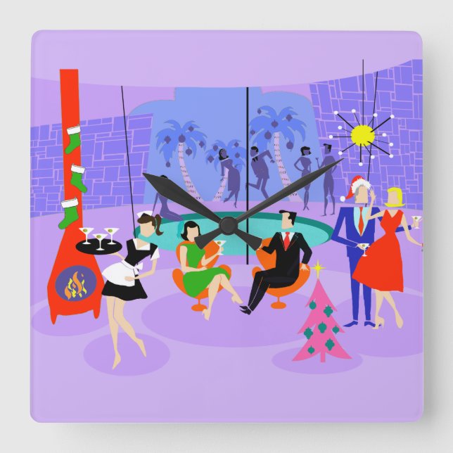 Retro Tropical Christmas Party Wall Clock (Front)