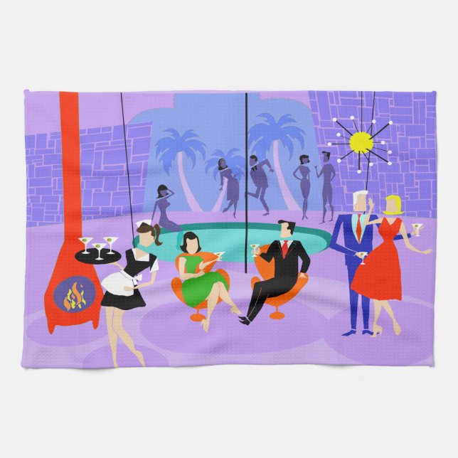 Retro Tropical Cocktail Party Kitchen Towel (Horizontal)