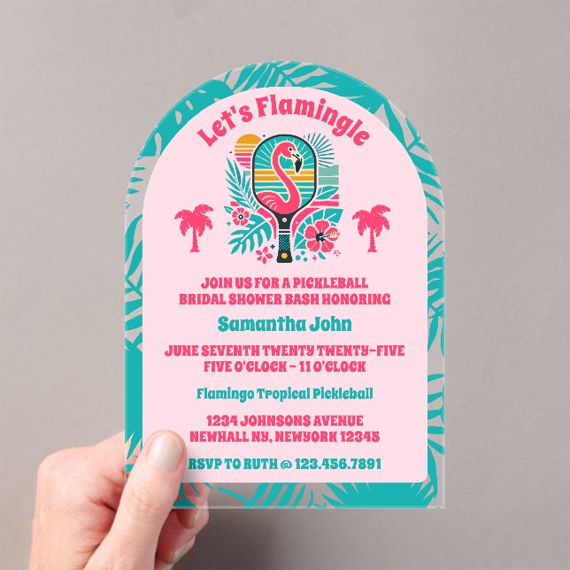 Retro Tropical Flamingo Pickleball Bridal Shower Acrylic Invitations (Insitu (Handheld))