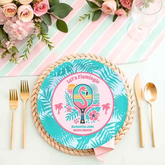 Retro Tropical Flamingo Pickleball Bridal Shower Paper Plate (Creator Uploaded)