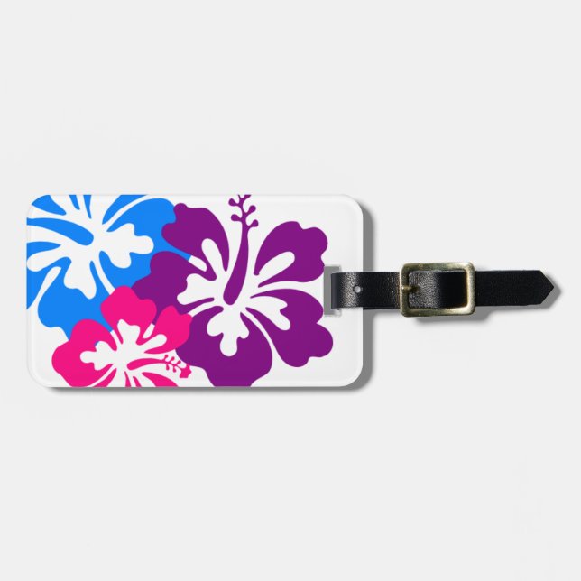 Retro Tropical Flowers Pink Blue & Purple Luggage Tag (Front Horizontal)