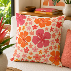 Retro Tropical Hibiscus Floral Throw Pillow