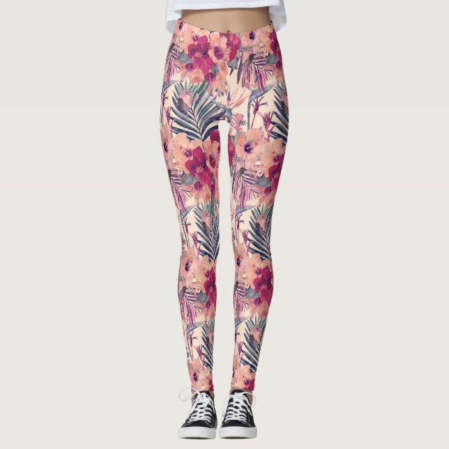 Retro Tropical Hibiscus Wren Pattern Leggings (Front)