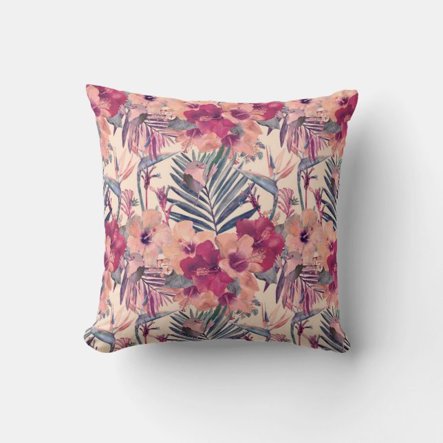 Retro Tropical Hibiscus Wren Pattern Throw Pillow (Front)