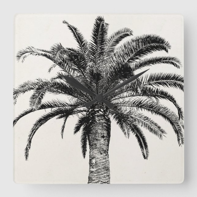 Retro Tropical Island Palm Tree in Black and White Square Wall Clock (Front)