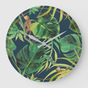 Retro tropical jungle leaves with money large clock