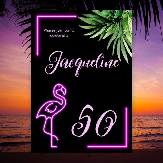 Retro tropical neon pink flamingo 50th birthday invitation (Creator Uploaded)
