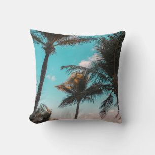 RETRO TROPICAL PALM TREE BY THE BEACH THROW PILLOW