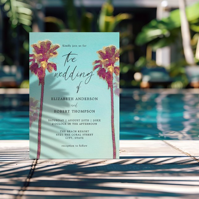 Retro Tropical Palm Trees Coastal Beach Wedding Invitation (Creator Uploaded)