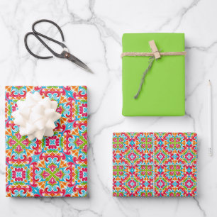 Retro Tropical Pattern in Fuchsia, Aqua, Lime... Wrapping Paper Sheet
