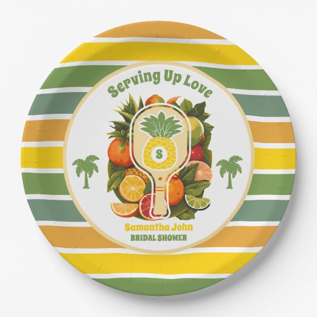 Retro Tropical Pineapple Pickleball Bridal Shower Paper Plate (Front)