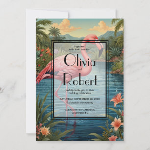 Retro tropical pink flamingo invitation