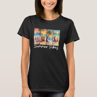 Retro Tropical Summer Sunset Beach Palms Summer Vi T-Shirt