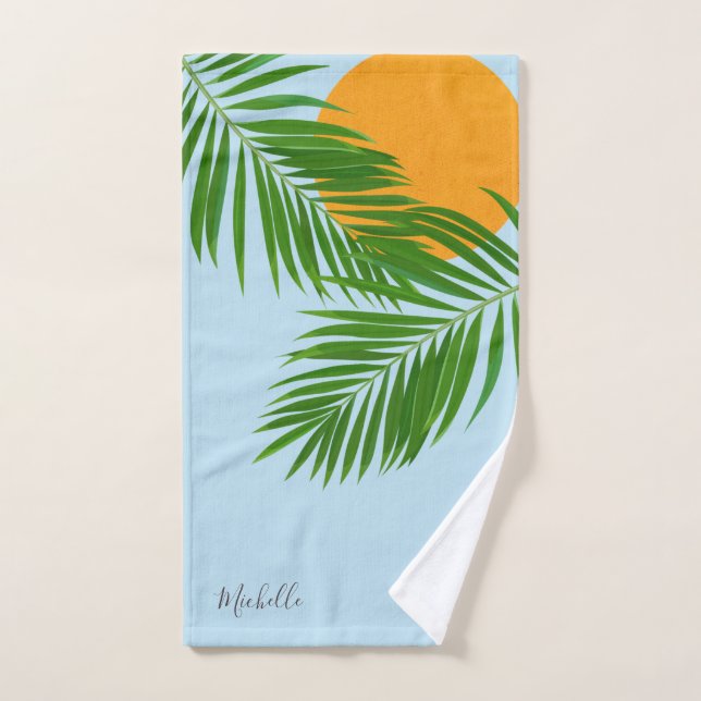 Retro Tropical Sun Palm Feuille Blue Minimal Nom (Serviette à main)