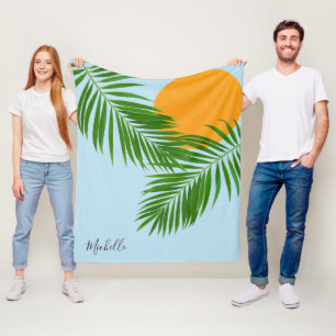 Retro Tropical Sun Palm Leaves Blue Minimal Name Fleece Blanket