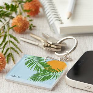 Retro Tropical Sun Palm Leaves Blue Minimal Name Keychain