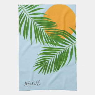 Retro Tropical Sun Palm Leaves Blue Minimal Name Kitchen Towel