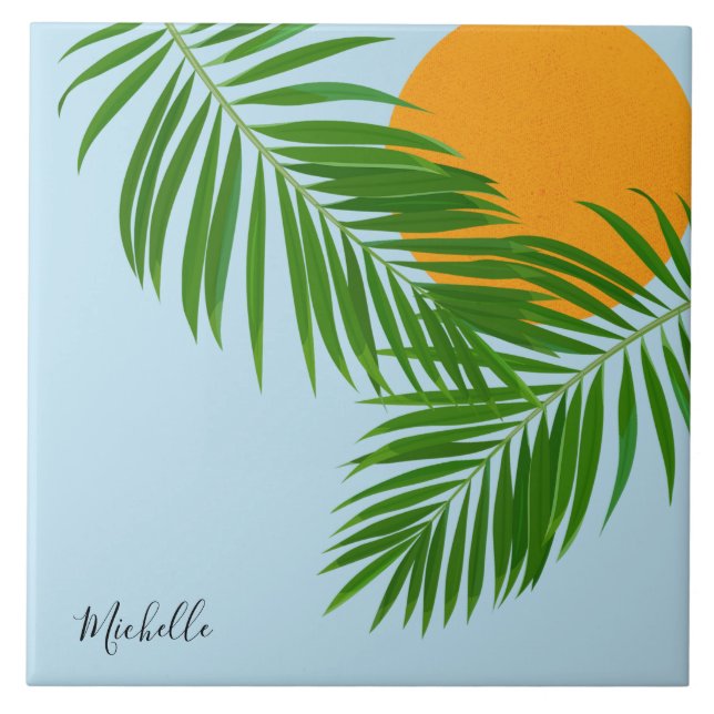 Retro Tropical Sun Palm Leaves Blue Minimal Name Tile (Front)