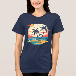 Retro Tropical Sunset Island Graphic T-Shirt Tri-Blend Shirt