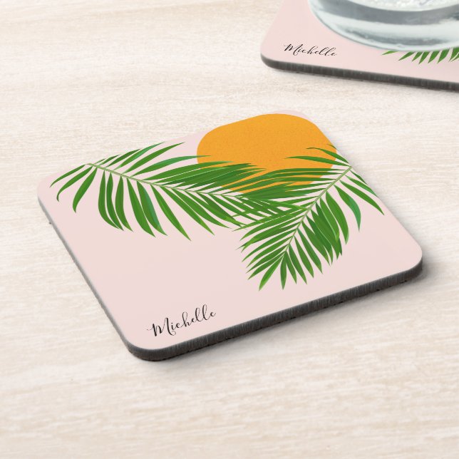 Retro Tropical Sunset Palm Leaves Minimalist Name Coaster (Left Side)