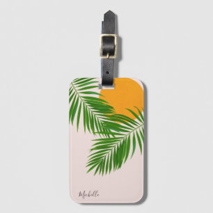 Retro Tropical Sunset Palm Leaves Minimalist Name Luggage Tag
