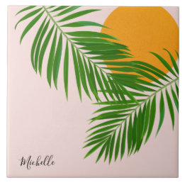 Retro Tropical Sunset Palm Leaves Minimalist Name Tile