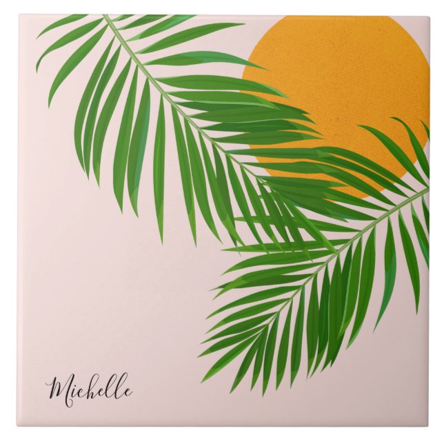 Retro Tropical Sunset Palm Leaves Minimalist Name Tile (Front)