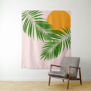 Retro Tropical Sunset Palm Leaves Minimalist Tapestry
