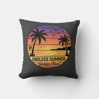 Retro Tropical Sunset Palm Trees Beach Throw Pillo Pillow