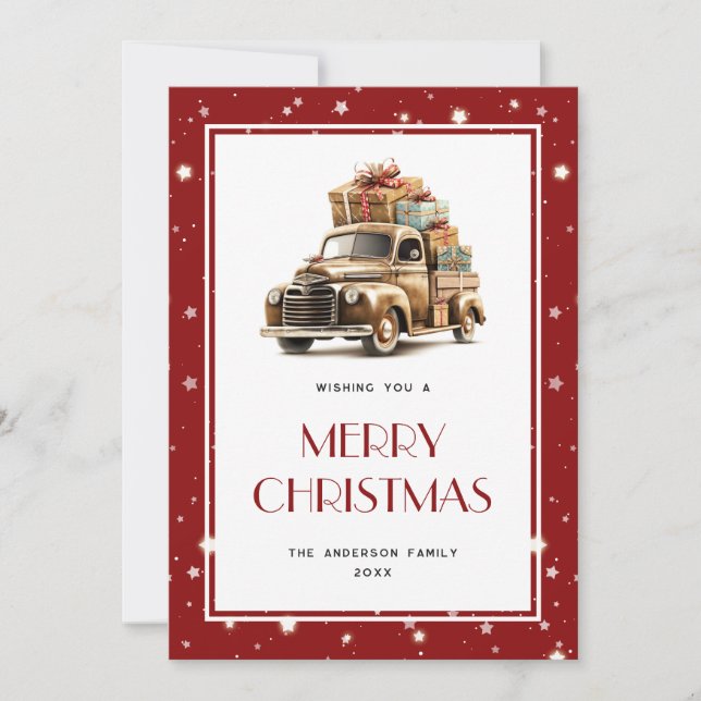 Retro Truck Gifts Stars Merry Christmas Card (Front)