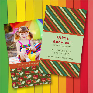 Retro Tulip Blooms And Stripes Pattern Photo Mommy Calling Card