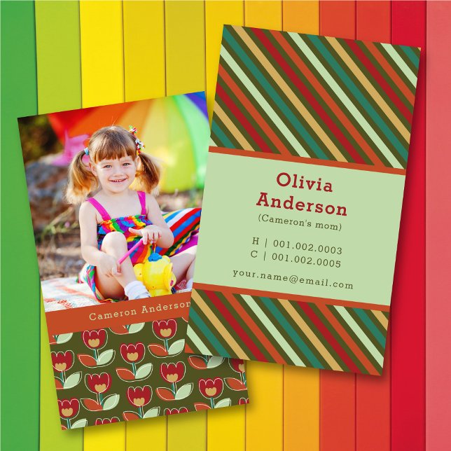 Retro Tulip Blooms And Stripes Pattern Photo Mommy Calling Card (Creator Uploaded)