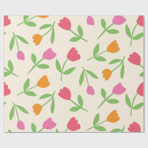 Retro Tulip Flowers pattern in orange pink and red Wrapping Paper