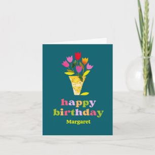Retro Tulips Floral Personalized Teal Birthday Card