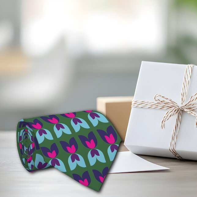 Retro Tulips Print Personalize Initial Tie (Creator Uploaded)