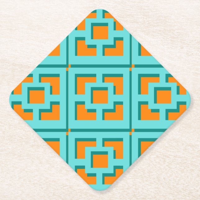 Retro Turquoise and Orange Trellis Paper Coaster (Front)