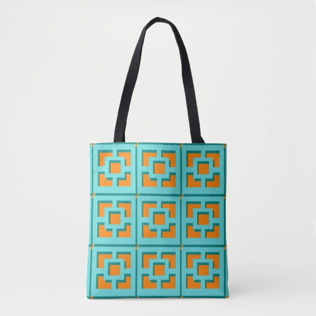 Retro Turquoise and Orange Trellis Tote (Front)