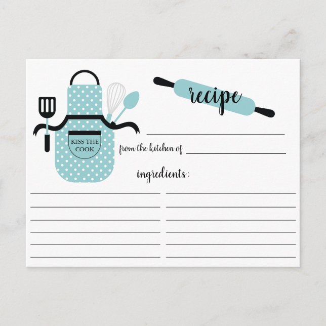 Retro Turquoise Apron Kitchen Tools Recipe Card (Front)